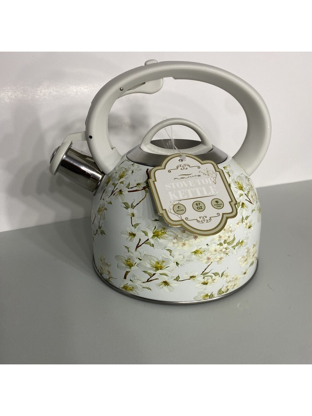 FUELMATE Stainless Steel Stove Top Kettle White Whistling Floral Teapot 67oz NWT